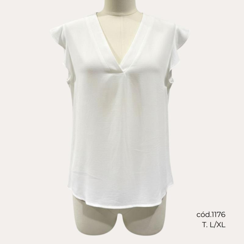 Blusa con Volantes y Cuello Pico en Blanco