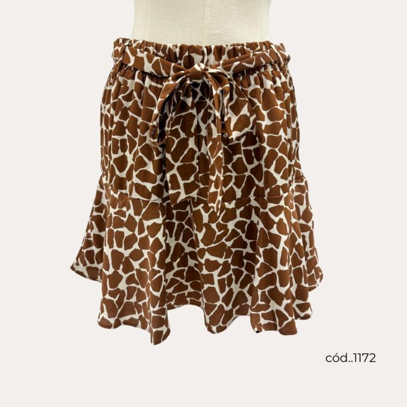 Falda Corta Estampada Fluida en Marrón