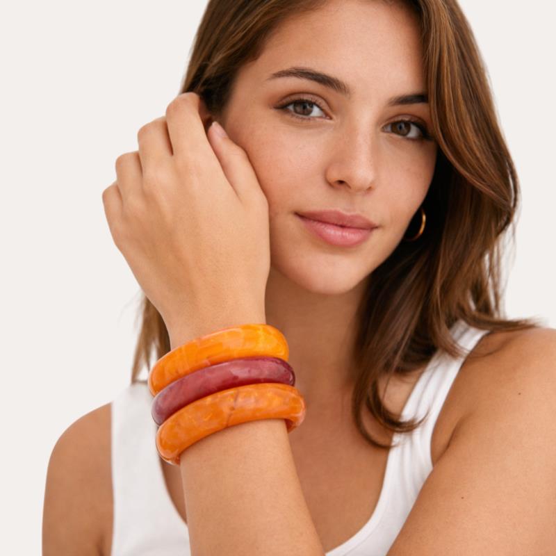 Pulseras Rígida Trio de Resina con Acabado Marmolado Naranja