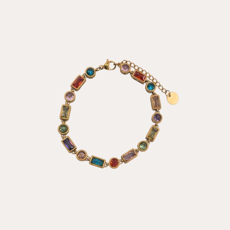 Pulsera Fina de Acero Dorado con Cristales Multicolor