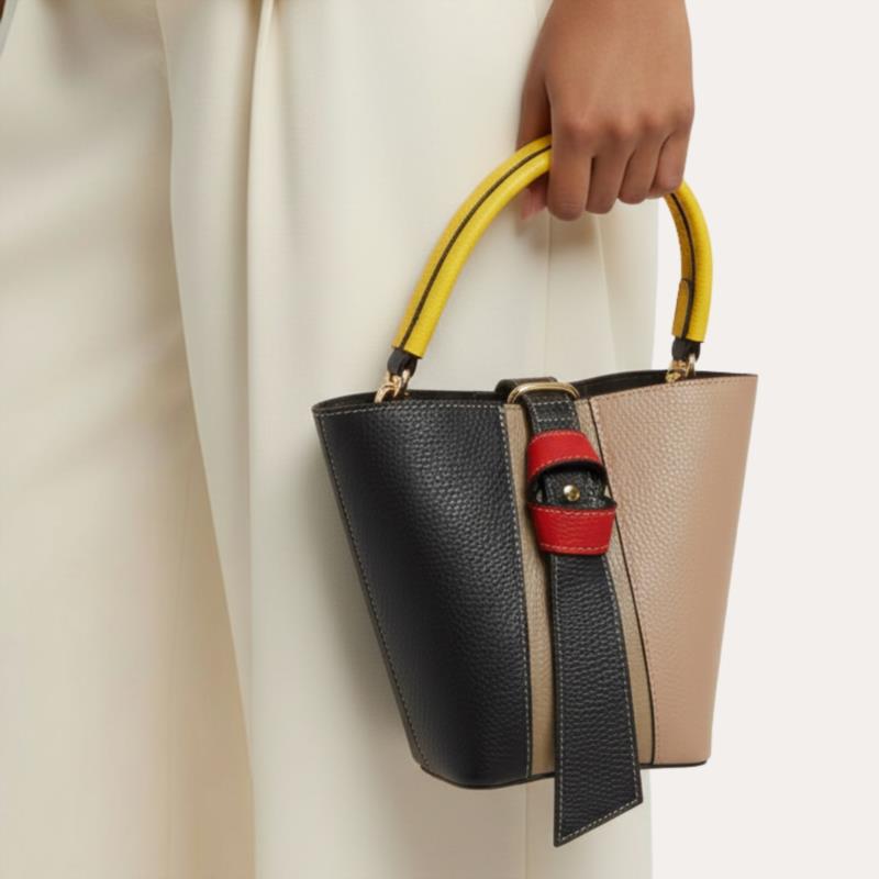 Bolso de Piel Pequeño Multicolor Tipo Cubo Asa Amarilla