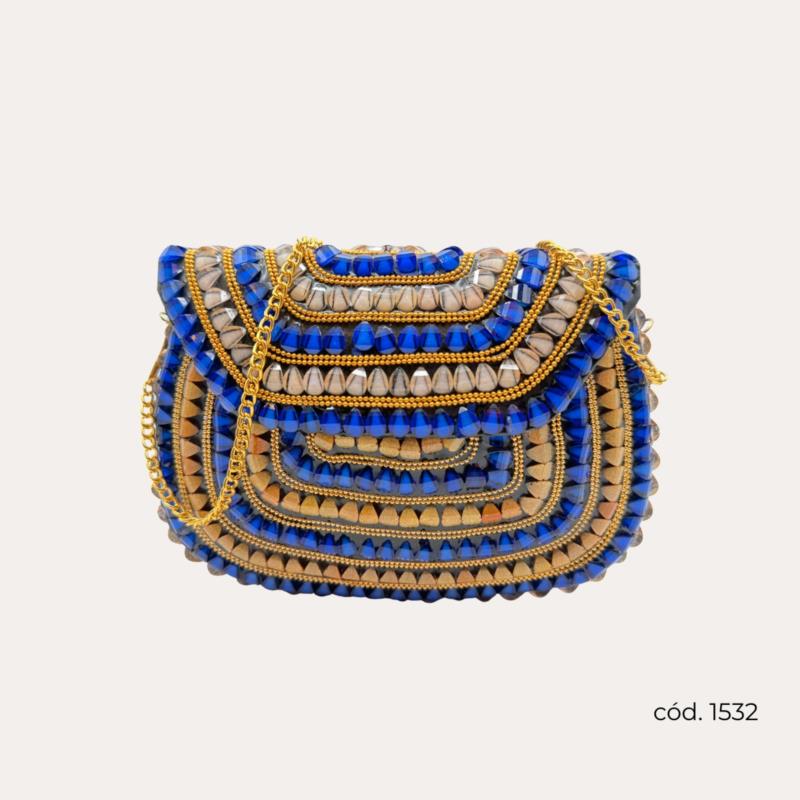 Bolso de Fiesta Dorado con Azul Rígido con Abalorios (clutch)