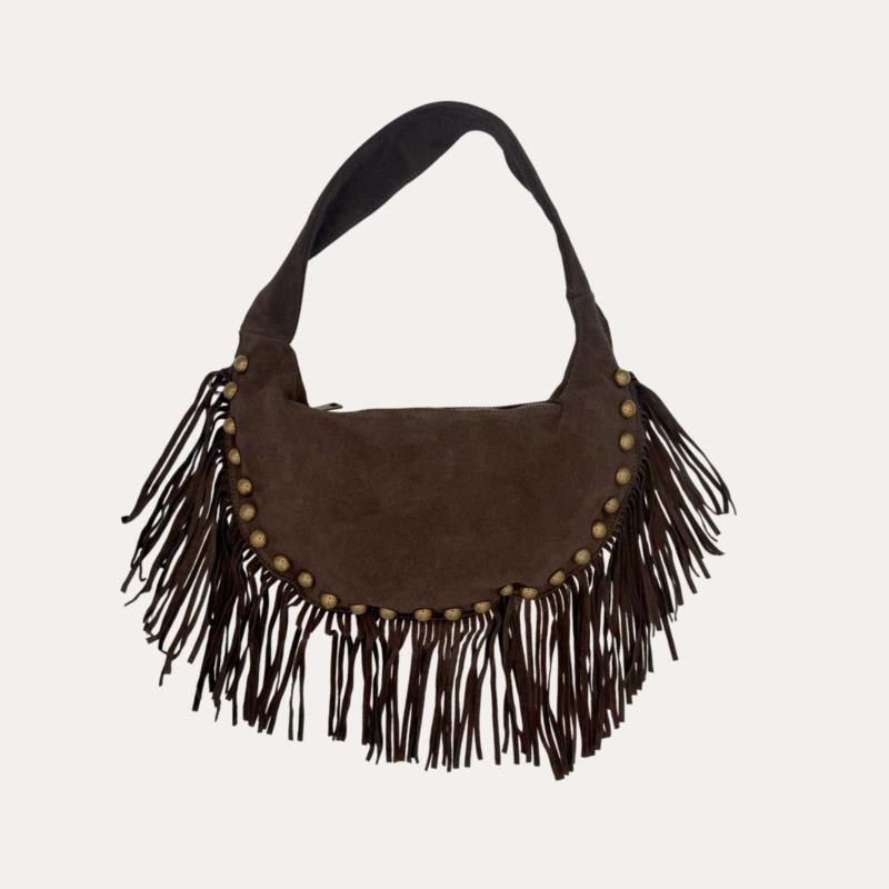 Bolso Piel Tachuelas y Flecos Marrón