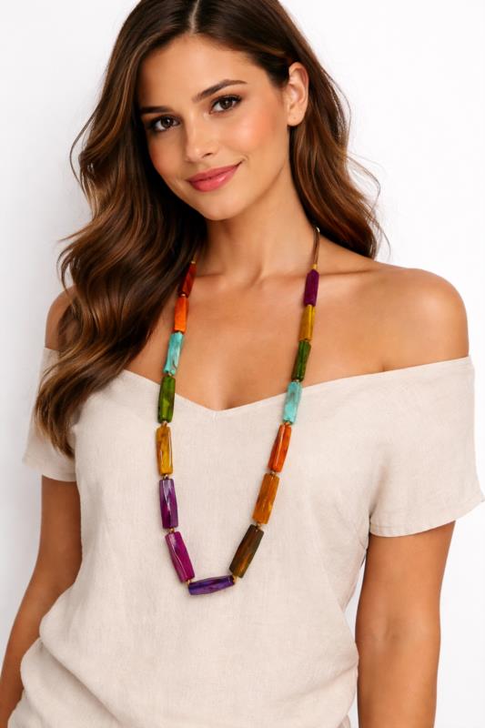 Collar Largo Multicolor de Cuentas Rectangulares en Resina