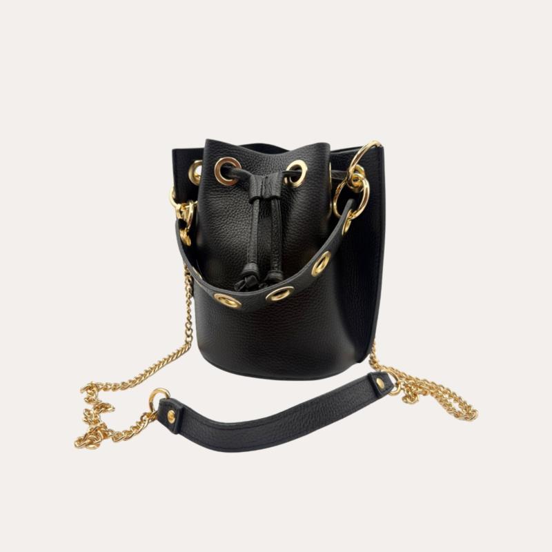 Bolso Bombonera Piel Autentica Negra Anillas Doradas