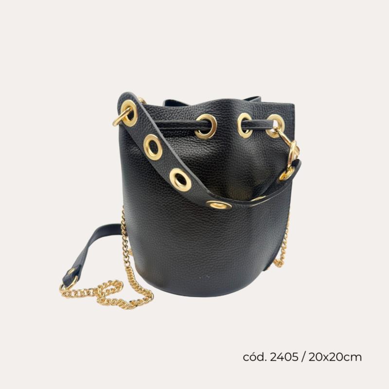 Bolso Bombonera Piel Autentica Negra Anillas Doradas