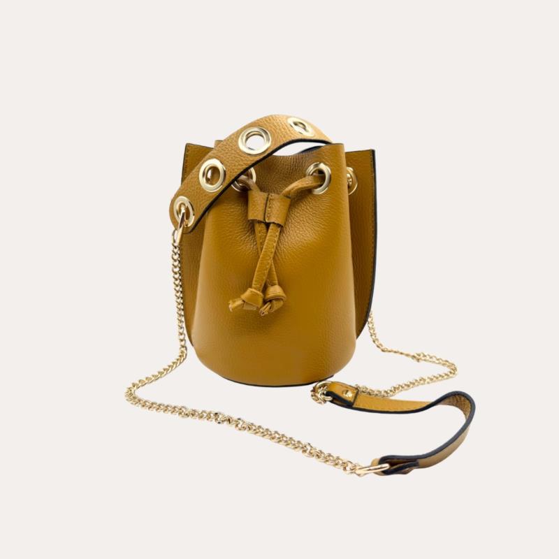 Bolso Bombonera Piel Autentica Mostaza Anillas Doradas 