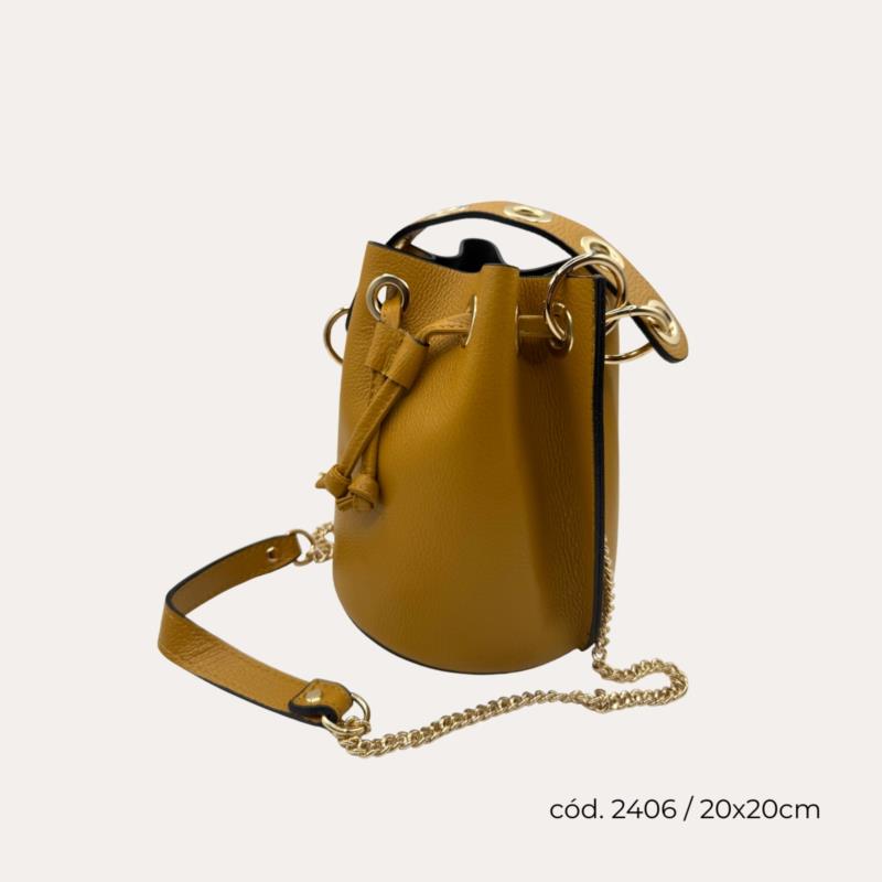 Bolso Bombonera Piel Autentica Mostaza Anillas Doradas 