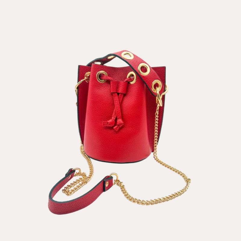 Bolso Bombonera Piel Auténtica Rojo Anillas Doradas 