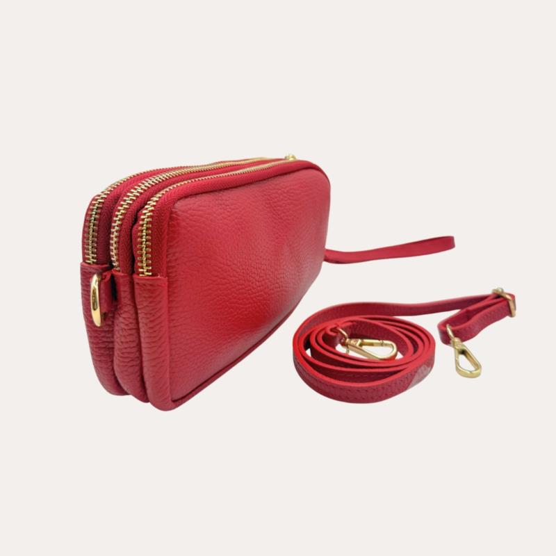 Mini Bolso Piel Rojo Mano y Hombro Tres Cremalleras 