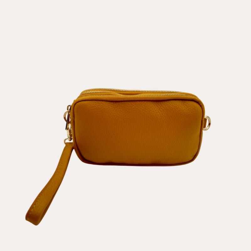 Mini Bolso Piel Mostaza Mano y Hombro Tres Cremalleras 
