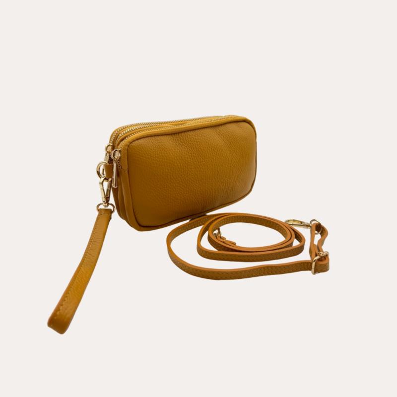 Mini Bolso Piel Mostaza Mano y Hombro Tres Cremalleras 