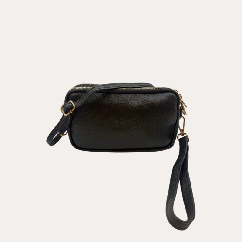Mini Bolso Piel Negro Mano y Hombro Tres Cremalleras 