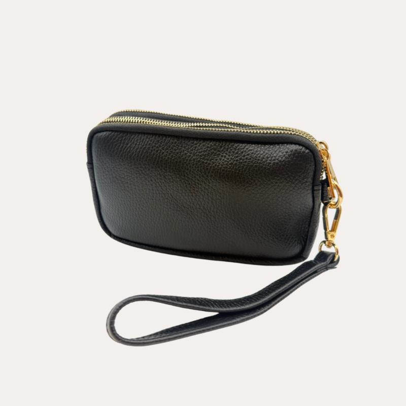 Mini Bolso Piel Negro Mano y Hombro Tres Cremalleras 