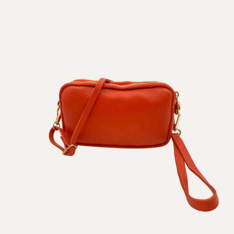 Mini Bolso Piel Naranja Mano y Hombro Tres Cremalleras 