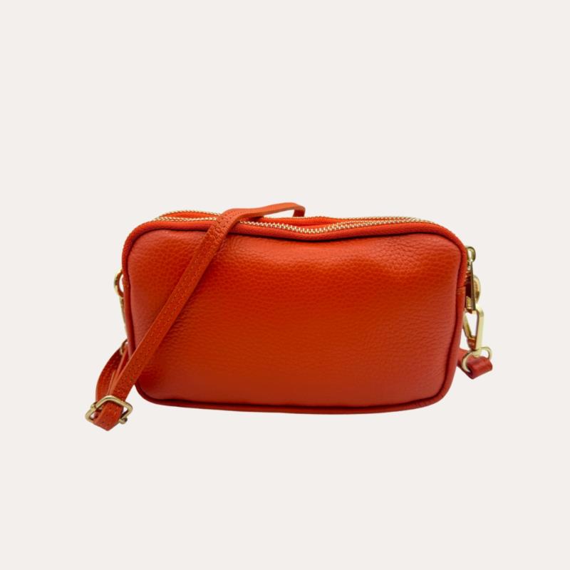 Mini Bolso Piel Naranja Mano y Hombro Tres Cremalleras 