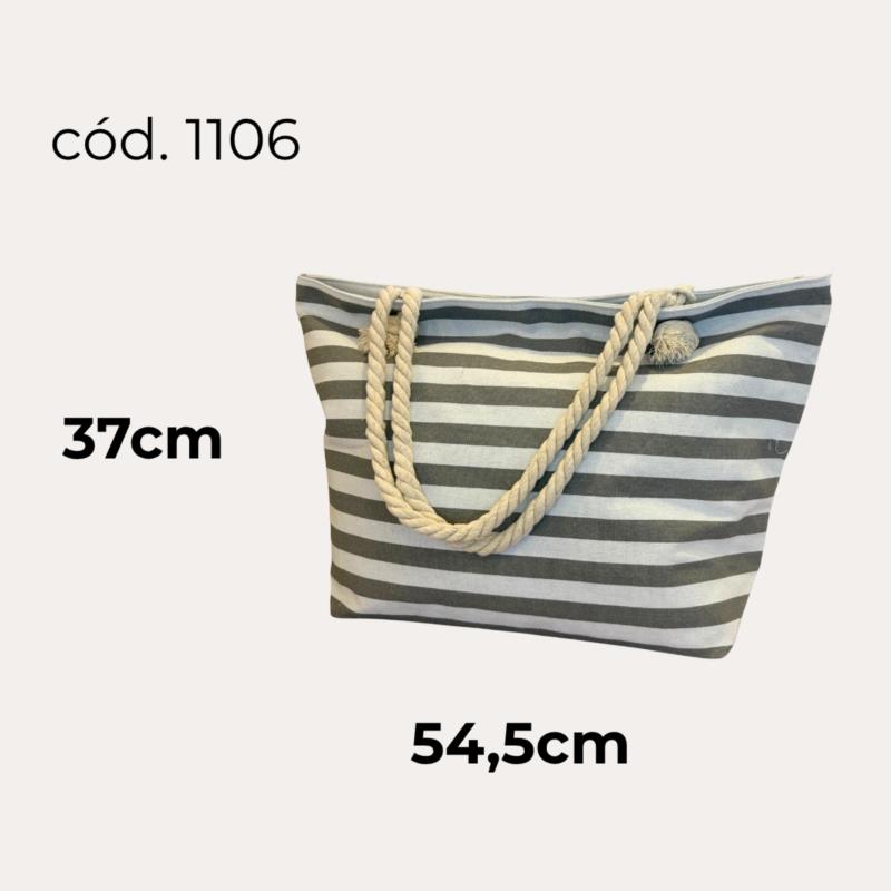 Medidas. Bolso de lona con estampado de rayas marino y blancas. Incluye neceser a juego. (Gris)